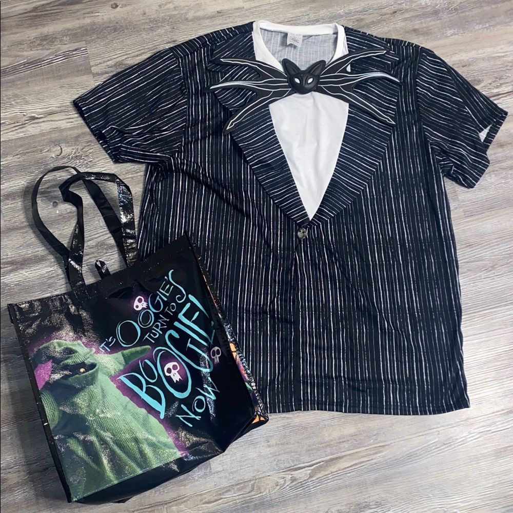 EUC Jack Skellington Mens Costume Shirt XL + Free Oogie Boogie Tote